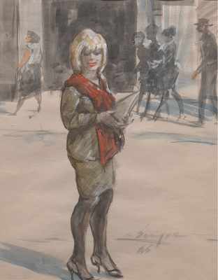 Appraisal: Clyde J Singer American - Blond with Red Scarf Gouache