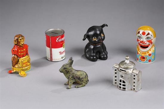 Appraisal: SIX TOY BANKS Three tin Campbell's soup can h A