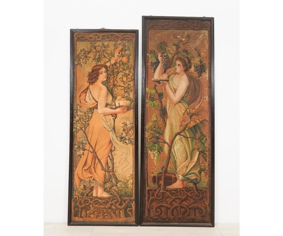 Appraisal: Two large Art Nouveau oil on fabric portraits of maidens