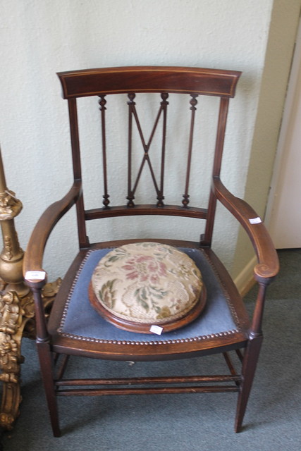 Appraisal: AN EDWARDIAN MAHOGANY AND INLAID ARMCHAIR a stool and a