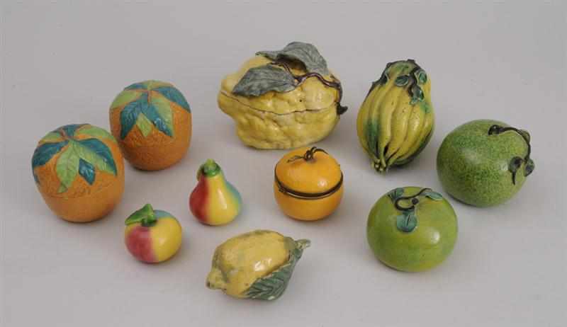 Appraisal: GROUP OF EIGHT POTTERY OR PORCELAIN FRUITS AND TWO GLASS