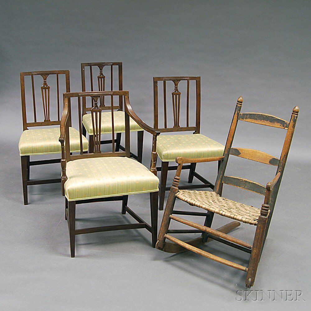 Appraisal: Four George III Oak Dining Chairs and a Black-painted Ladder-back