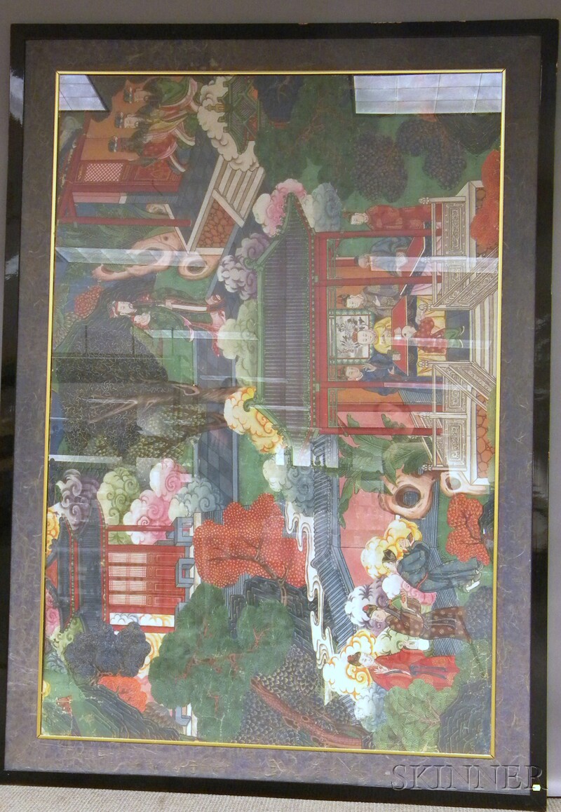 Appraisal: Large Framed Chinese Gouache on Paper Depicting Immortals in Landscape