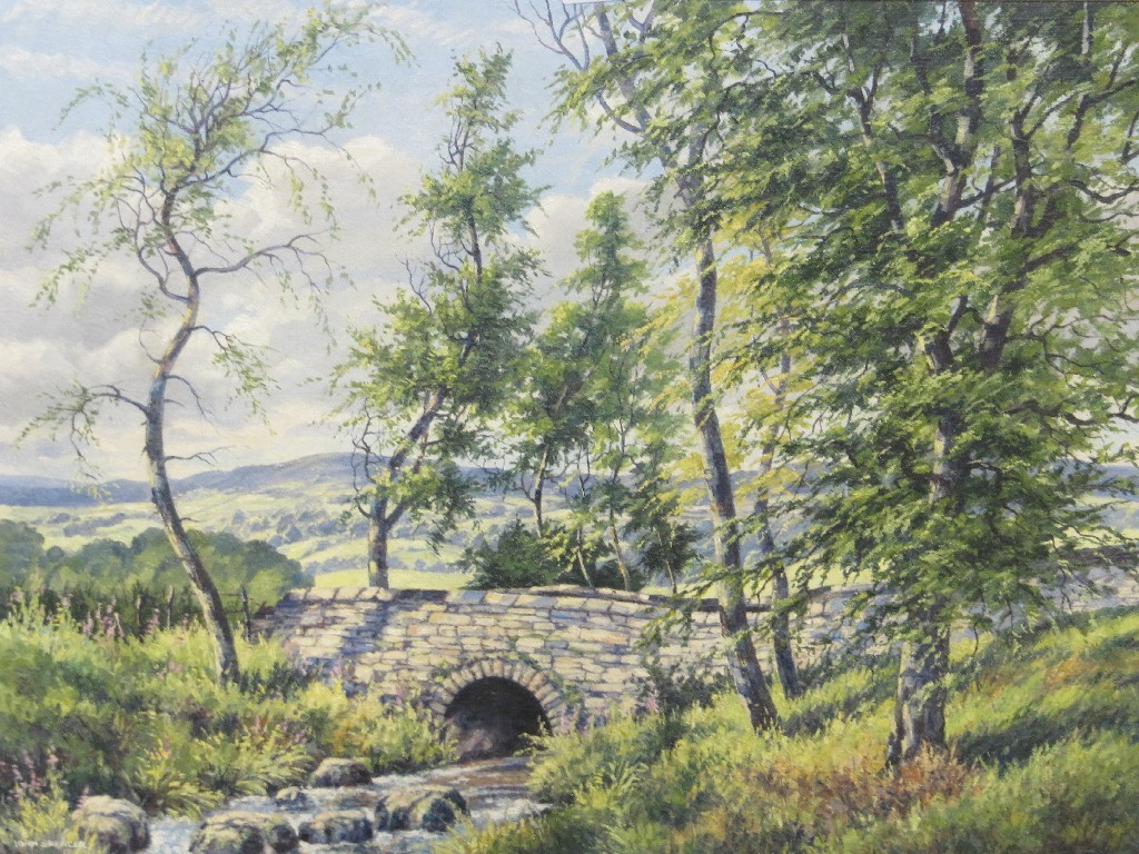 Appraisal: JOHN SPENCER Oil on canvas landscape with a bridge signed