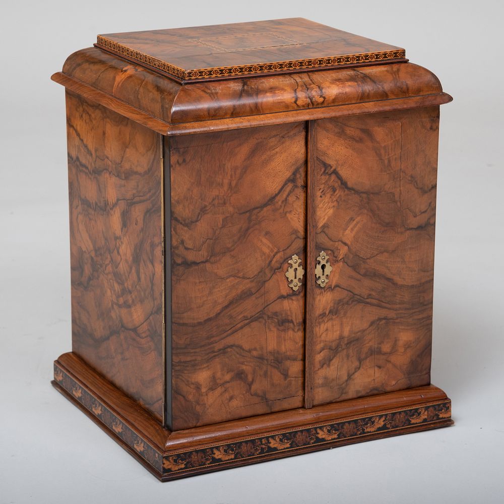 Appraisal: Victorian Inlaid Burl Walnut Collector's Cabinet The drawers have compartmentalized