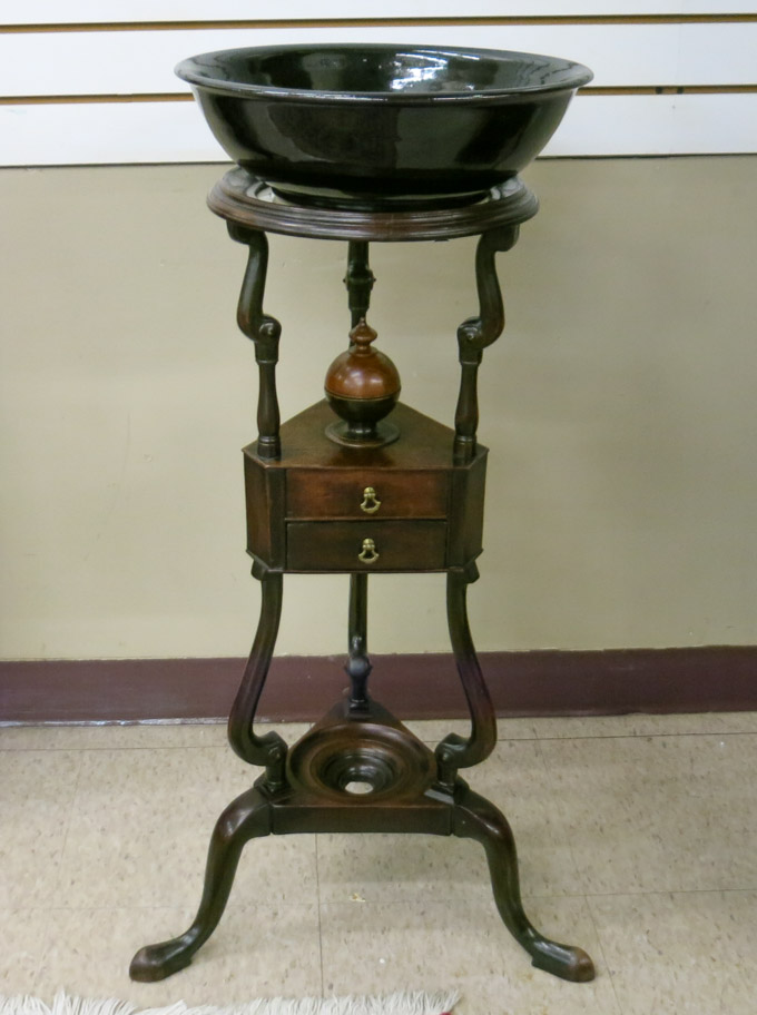 Appraisal: GEORGE II STYLE MAHOGANY BASIN STAND WITH POTTERY BASIN English