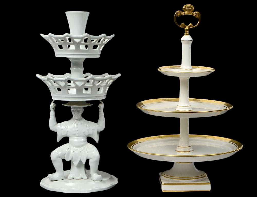 Appraisal: TWO PORCELAIN TIERED CENTERPIECES Modern Both with markings The first