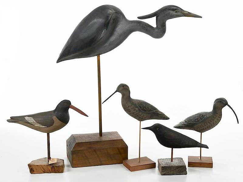 Appraisal: Five Wooden Painted Shore Birds on Stands American th century