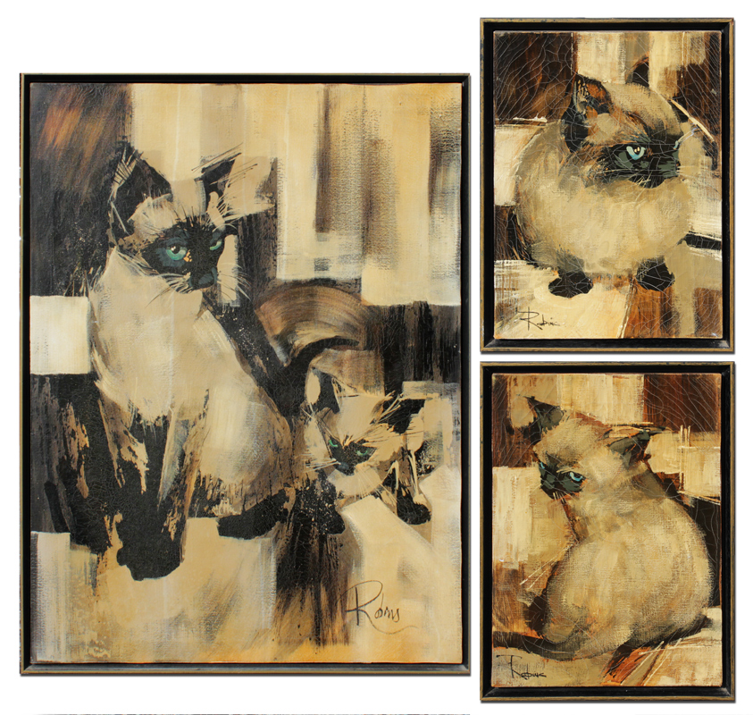 Appraisal: PIECE MODERNIST SIAMESE CAT PAINTINGS Oils Canvas largest being ''