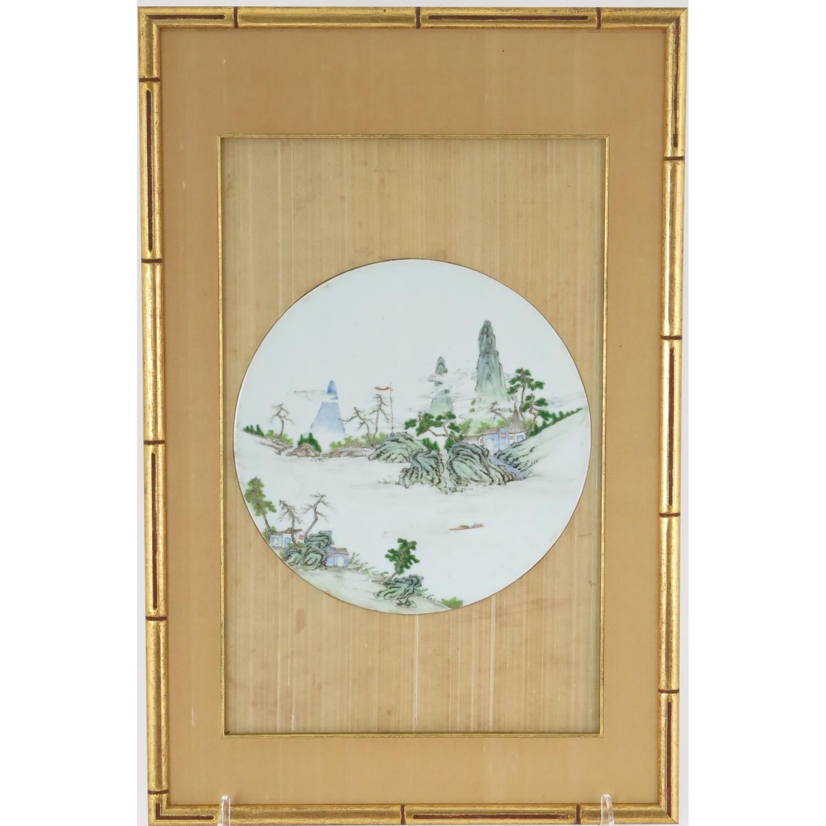 Appraisal: Chinese Famille Rose Round Porcelain Landscape Plaque in a silk