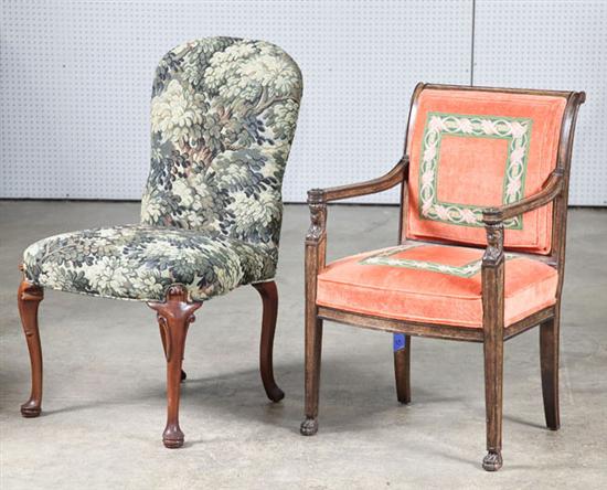 Appraisal: TWO CHAIRS Twentieth century Includes a French directoire-style armchair ''h