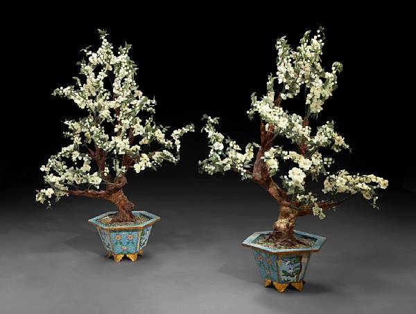 Appraisal: A pair of Chinese polished hardstone and cloisonn shrubs The