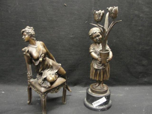 Appraisal: Bronze Figures Girl with Flowers and Women on a Chair