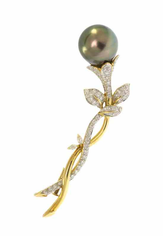 Appraisal: An Karat Yellow Gold Tahitian Pearl and Diamond Flower Brooch