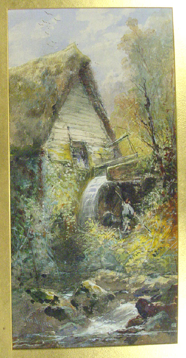 Appraisal: WWH Chyrry- Watercolour of a figure beneath a watermill in