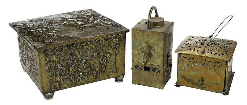 Appraisal: Three Continental Brass Items Dutch th century covered wood box