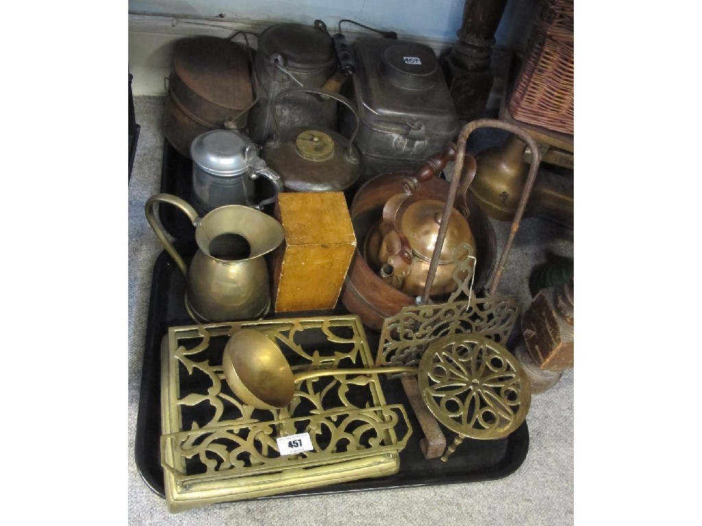 Appraisal: Three pairs of scales brass trivets copper kettles metal food