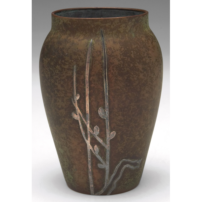 Appraisal: Heintz vase sterling on bronze applied stylized landscape design original