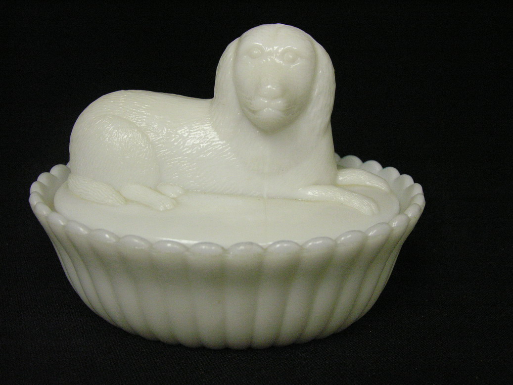 Appraisal: MILK GLASS SPANIEL COVERED DISH Marked under lid P in