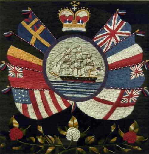 Appraisal: A late Victorian sailor's woolwork panel the centre worked with