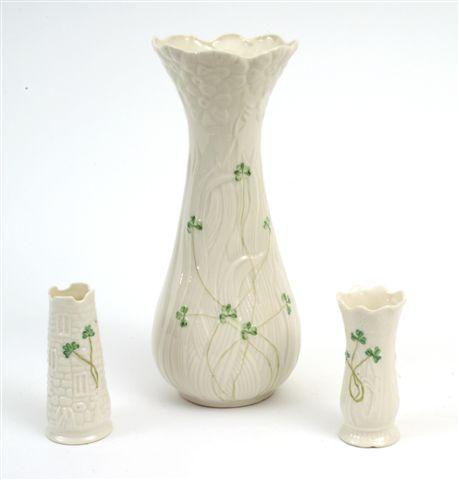 Appraisal: BELLEEK SHAMROCK PORCELAIN VASE of baluster form with an everted