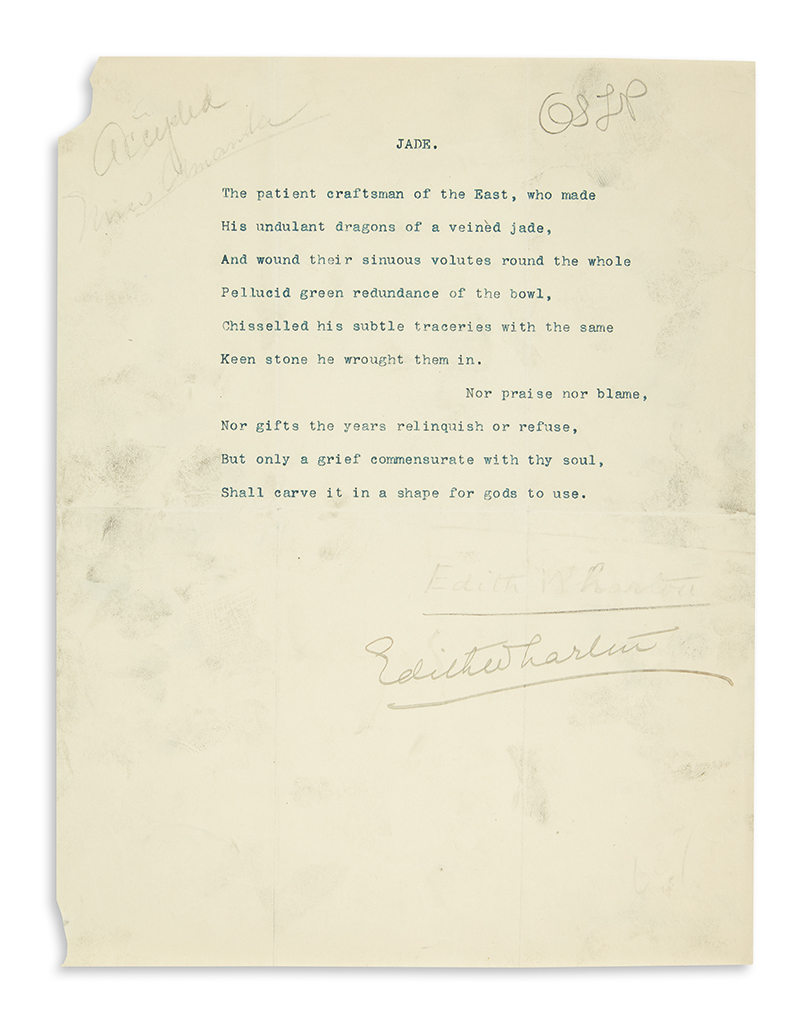 Appraisal: WHARTON EDITH Typed Poem Signed entitled Jade beginning The patient