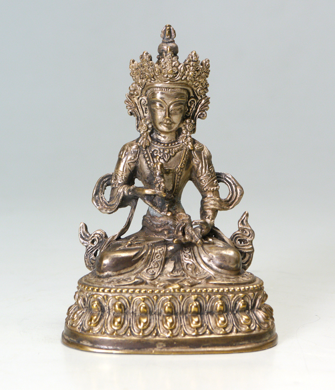 Appraisal: SILVERED SEATED SINO-TIBETAN BUDDHA Nicely detailed figure of Buddha seated