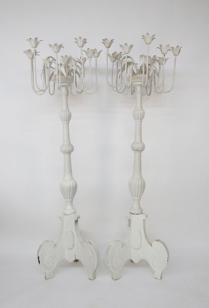 Appraisal: Pair of Antique Swedish White Painted Torchieres Pair of Swedish