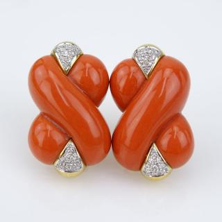 Appraisal: Vintage Italian Karat Yellow Gold Carved Red Coral and Pave