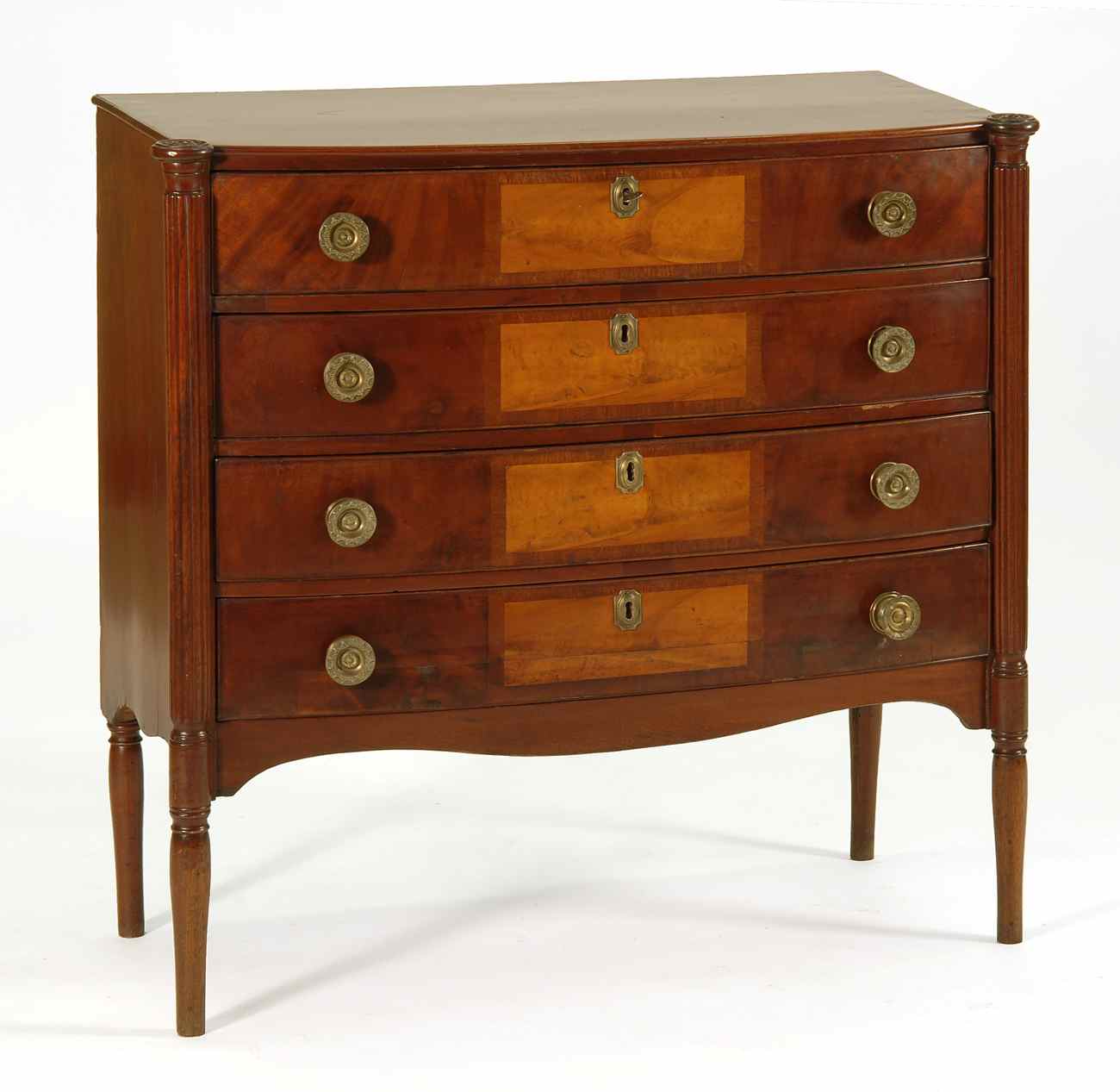 Appraisal: ANTIQUE AMERICAN SHERATON BOWFRONT FOUR-DRAWER CHEST Circa - In mahogany