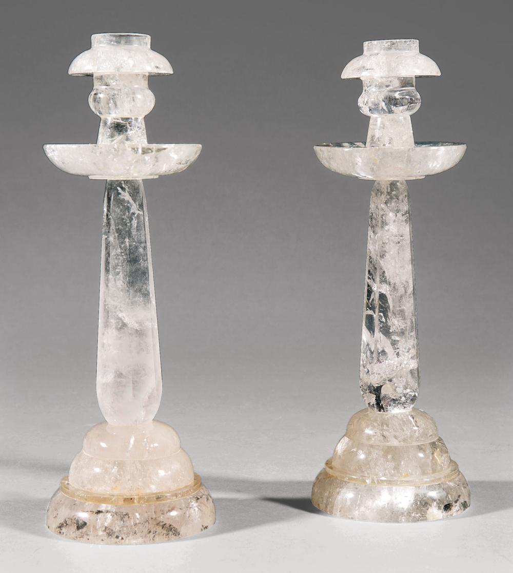 Appraisal: Pair of Rock Crystal Candlesticks faceted standards stepped bases h