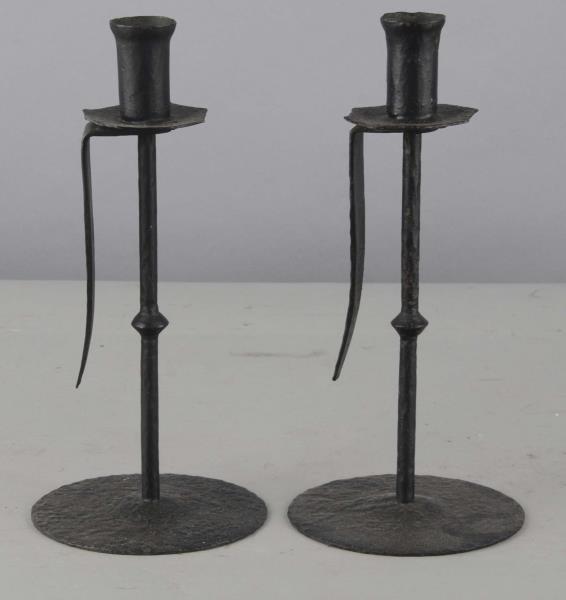 Appraisal: Pair of Hand Hammered Black Iron Candlesticks Beautiful artisan made