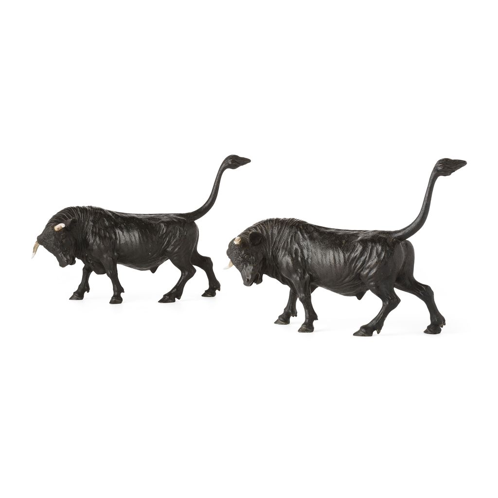 Appraisal: YPAIR OF CONTINENTAL BRONZE FIGURES OF BULLS CIRCA dark brown