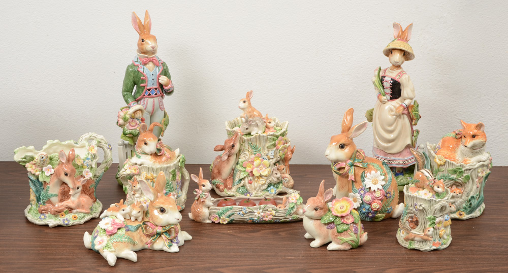 Appraisal: FITZ AND FLOYD RABBIT AND WOODLAND FIGURES pieces total to