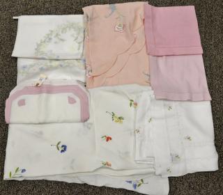 Appraisal: Lot of custom linens to include pink embroidered table clock