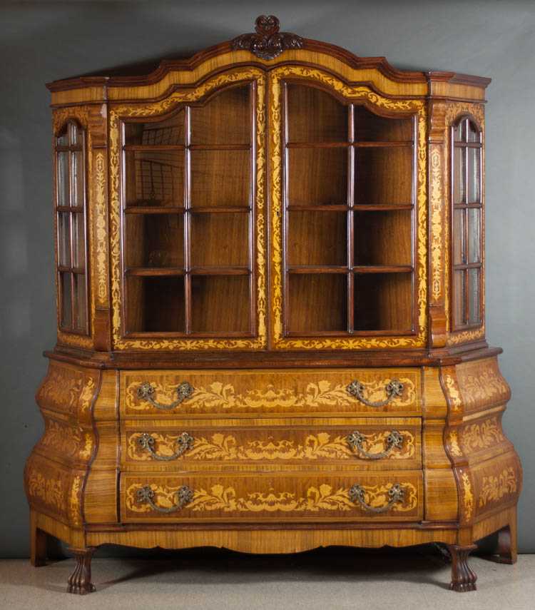 Appraisal: MARQUETRY INLAID MAHOGANY DISPLAY CABINET ON BOMBE CHEST Dutch Baroque