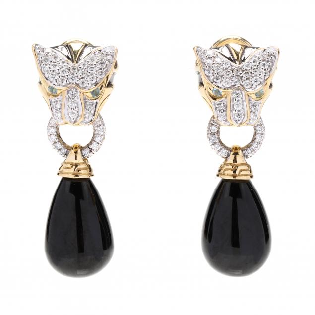 Appraisal: Gold and Black Jade Macan Tiger Earrings John Hardy The