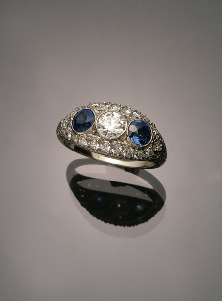 Appraisal: Art Deco -Karat White-Gold Diamond and Twin-Sapphire Dinner Ring Circa