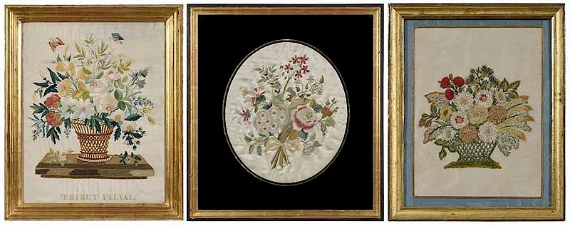 Appraisal: Three Framed Floral Silk Embroideries probably British th century large