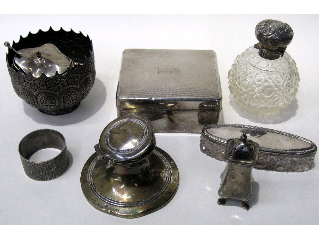 Appraisal: Lot comprising assorted silver items scent bottle inkwell condiments cigarette