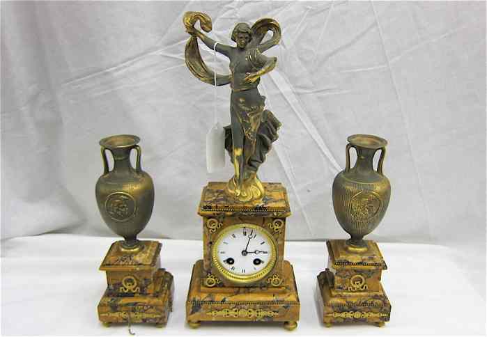 Appraisal: THREE-PIECE MARBLE AND GILDED METAL CLOCK SET A D Mougin