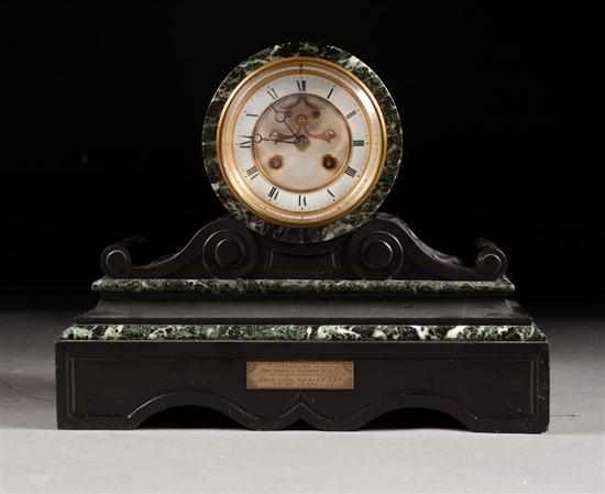 Appraisal: French marble mantel clock fourth quarter- th century scroll base