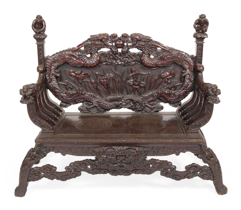 Appraisal: JAPANESE EXPORT ORNATELY CARVED MAHOGANY BENCH LATE MEIJI PERIOD BACK