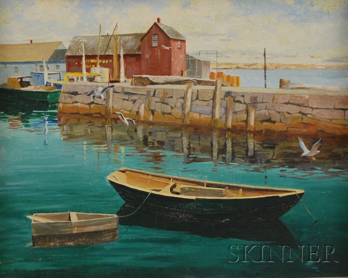 Appraisal: American School th Century Motif Rockport Harbor Signed RUTH S