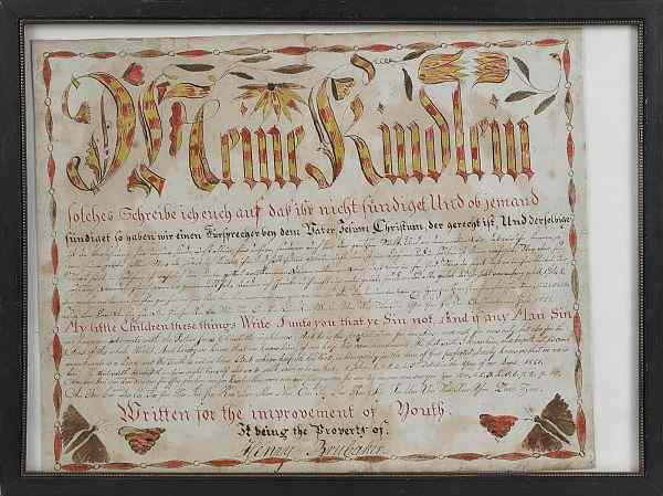 Appraisal: Southeastern Pennsylvania ink and watercolor fraktur morality lesson dated signed