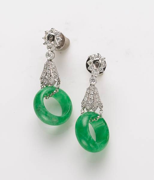 Appraisal: A pair of jade diamond and k white gold earrings