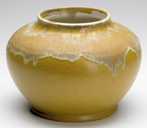 Appraisal: FULPER Large squat vessel covered in brown crystalline glaze dripping