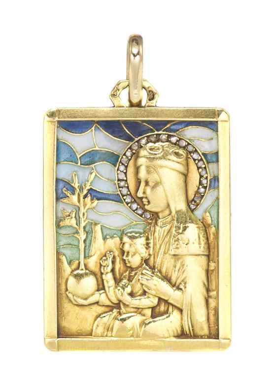 Appraisal: An Karat Yellow Gold and Polychrome Plique A Jour Pendant