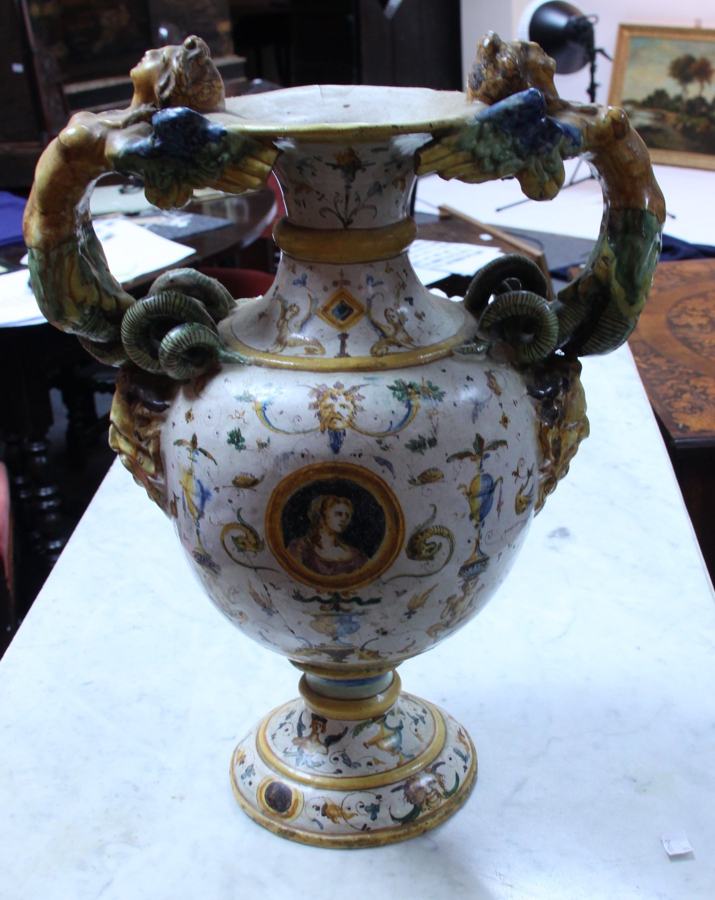 Appraisal: An Italian majolica urn in th Century style cm high