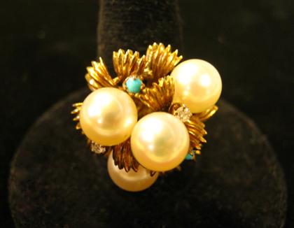 Appraisal: karat yellow gold pearl and turquoise ringDisplays four pearls accented